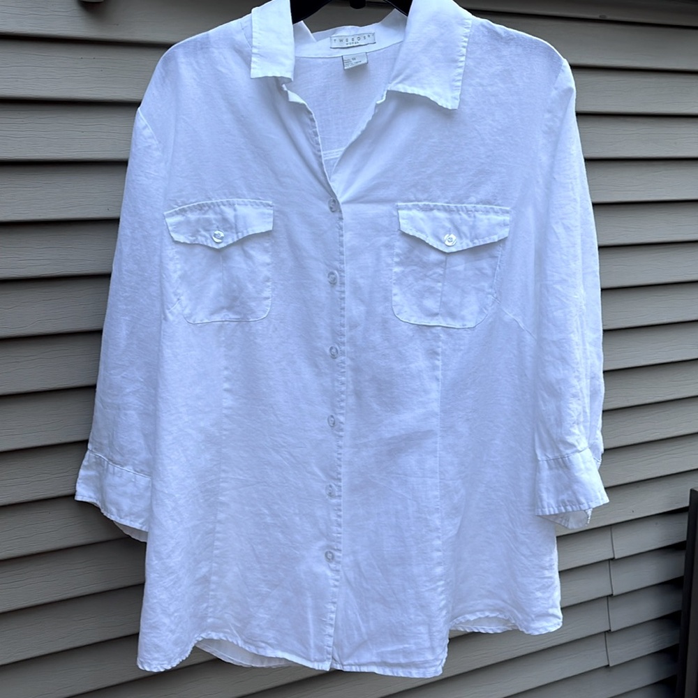 EUC Tweeds women 100% linen button down shirt with rolled up sleeves size 1X